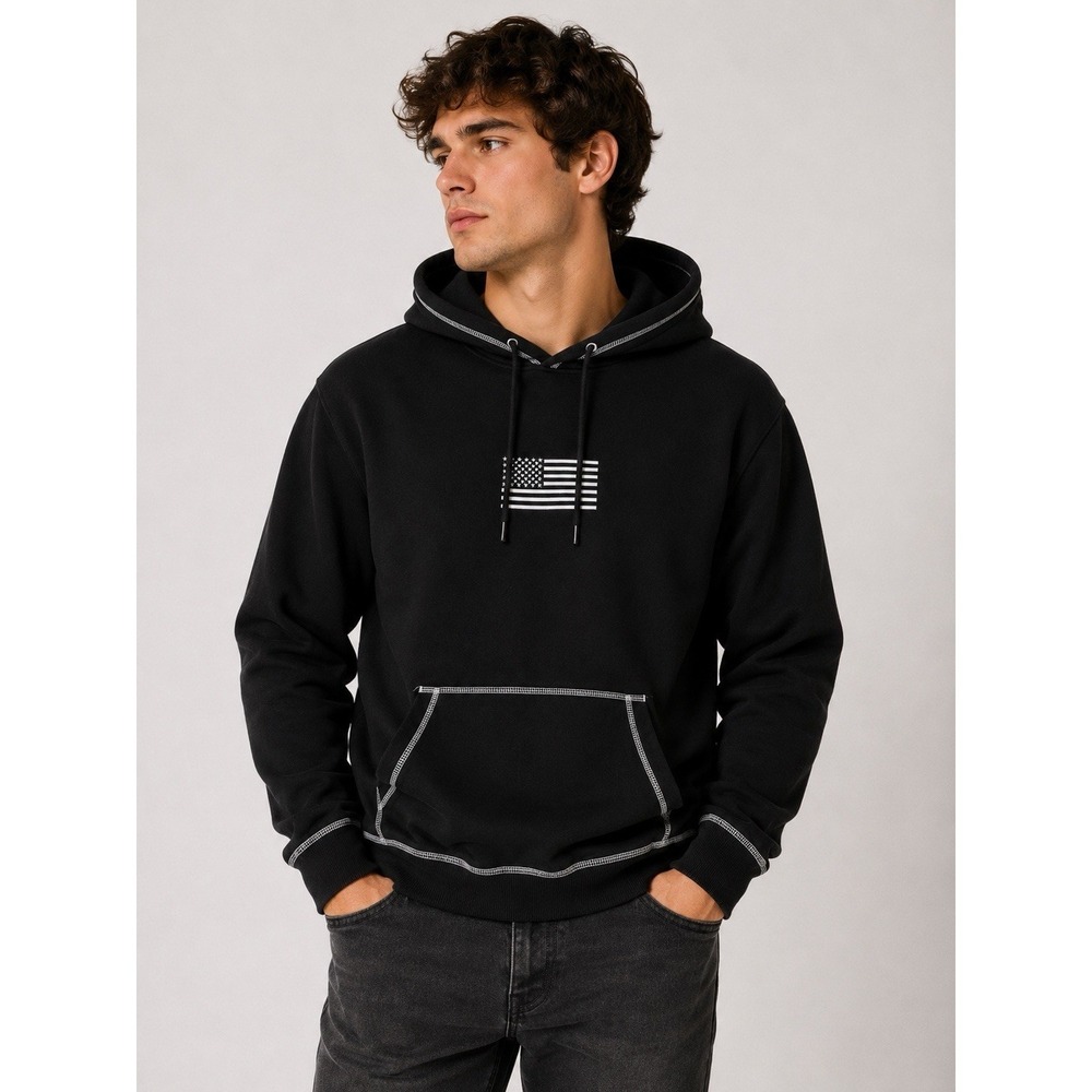 Buck Wear Black American Flag Pulloverβ Hoodie Contrast Stitch Fleece XL